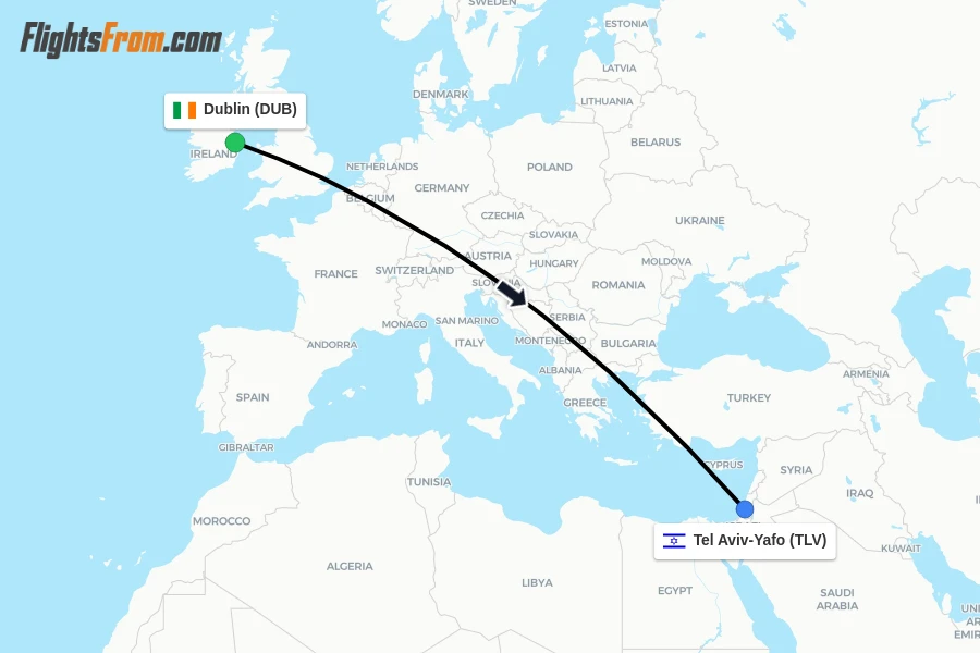 Flights from Dublin to Tel Aviv-Yafo route map