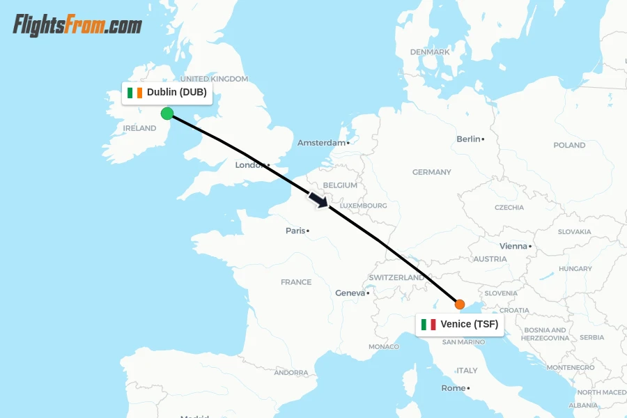 Flights from Dublin to Venice route map