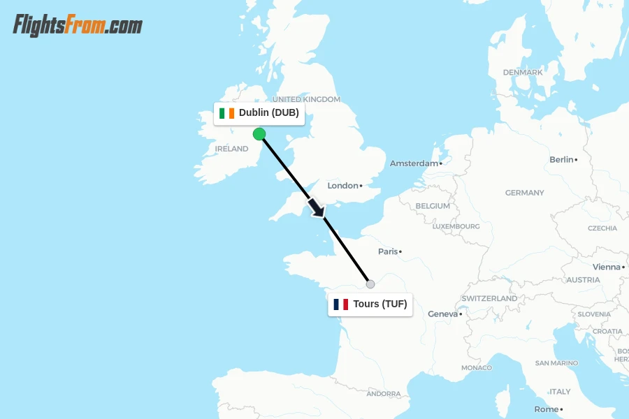 Flights from Dublin to Tours route map