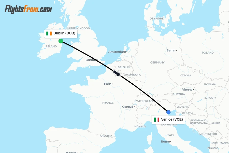 Flights from Dublin to Venice route map