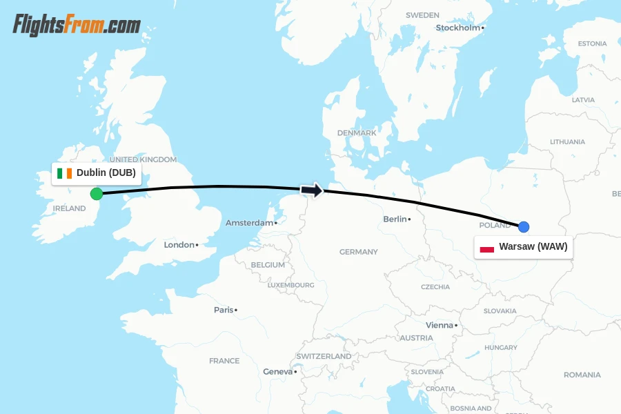 Flights from Dublin to Warsaw route map
