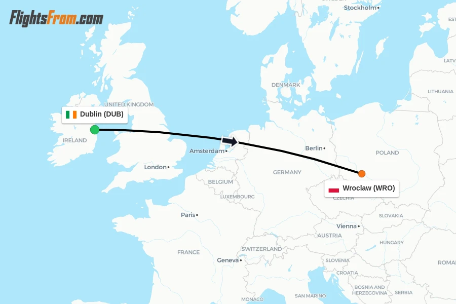 Flights from Dublin to Wroclaw route map