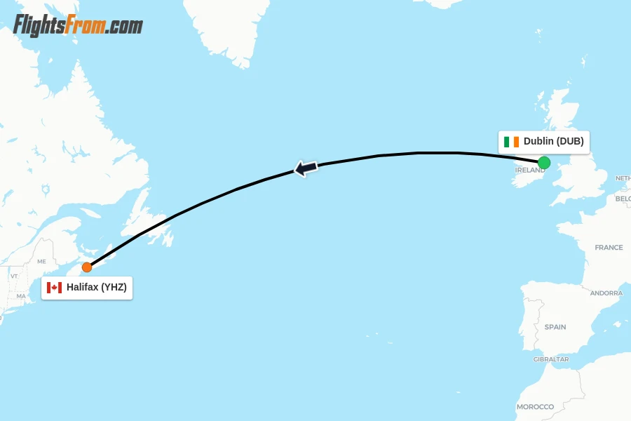 Flights from Dublin to Halifax route map