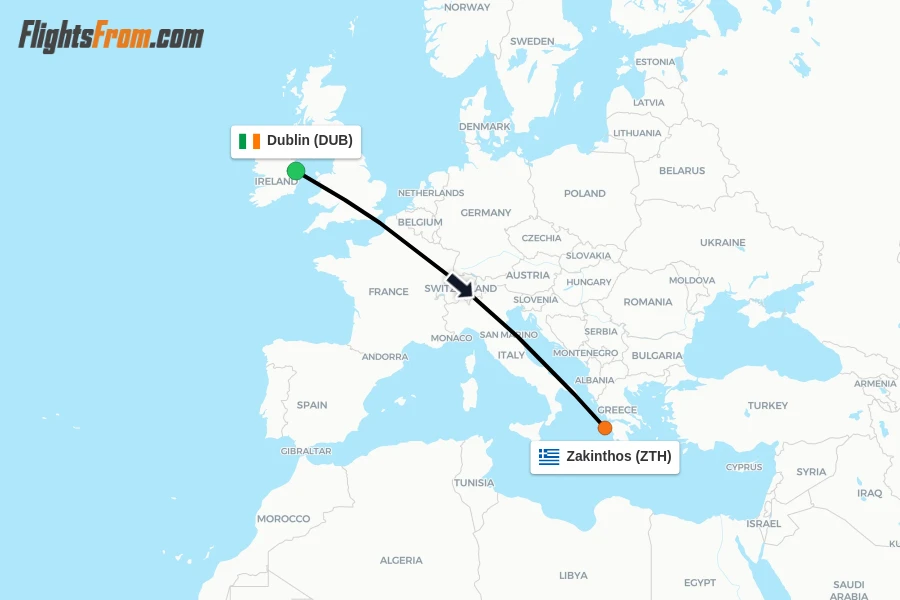Flights from Dublin to Zakinthos route map