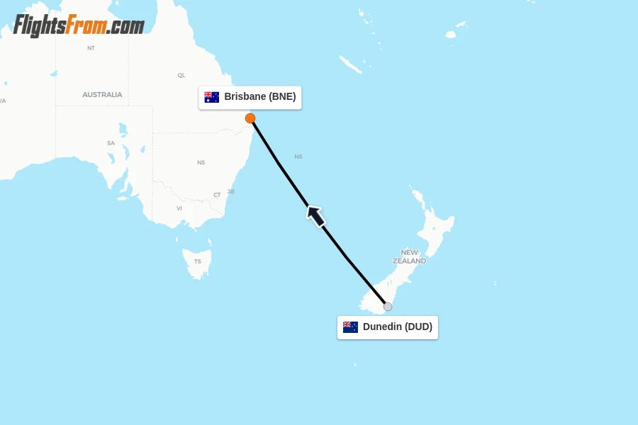 Flights from Dunedin to Brisbane route map