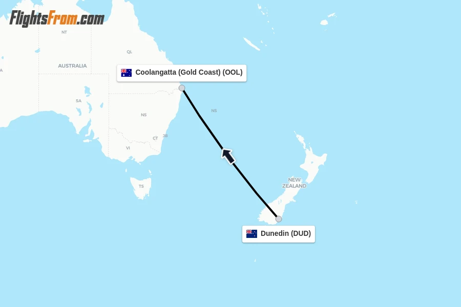 Flights from Dunedin to Coolangatta (Gold Coast) route map