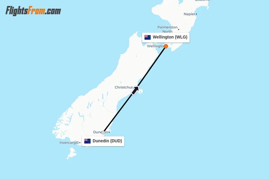 Flights from Dunedin to Wellington route map