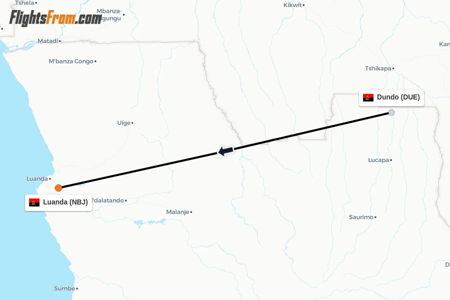 Flights from Dundo to Luanda route map