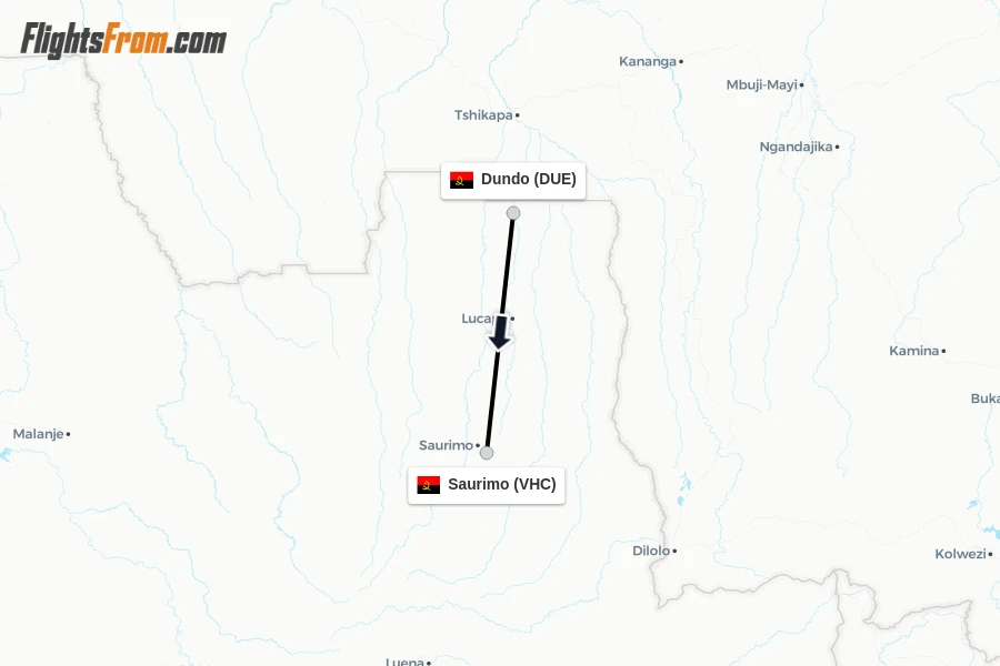 Flights from Dundo to Saurimo route map
