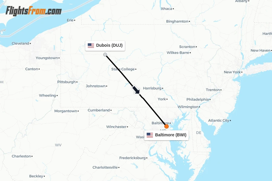Flights from Dubois to Baltimore route map