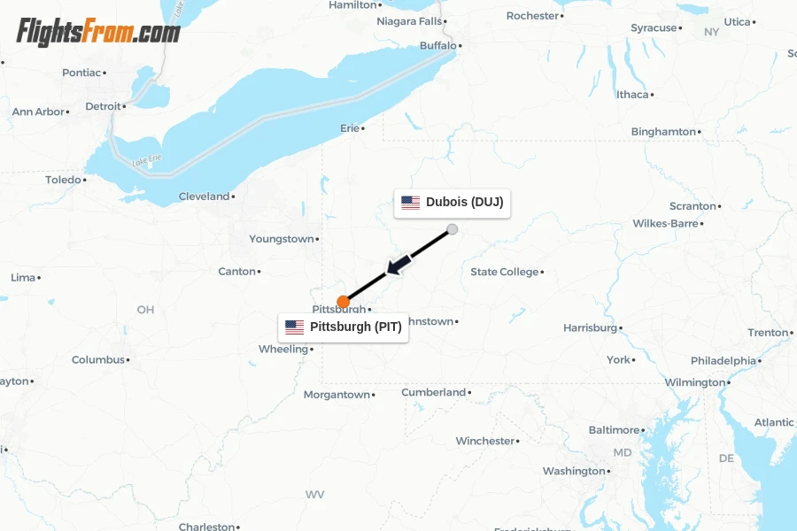 Flights from Dubois to Pittsburgh route map