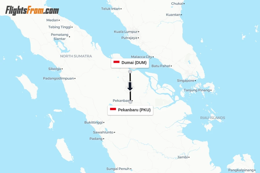 Flights from Dumai to Pekanbaru route map