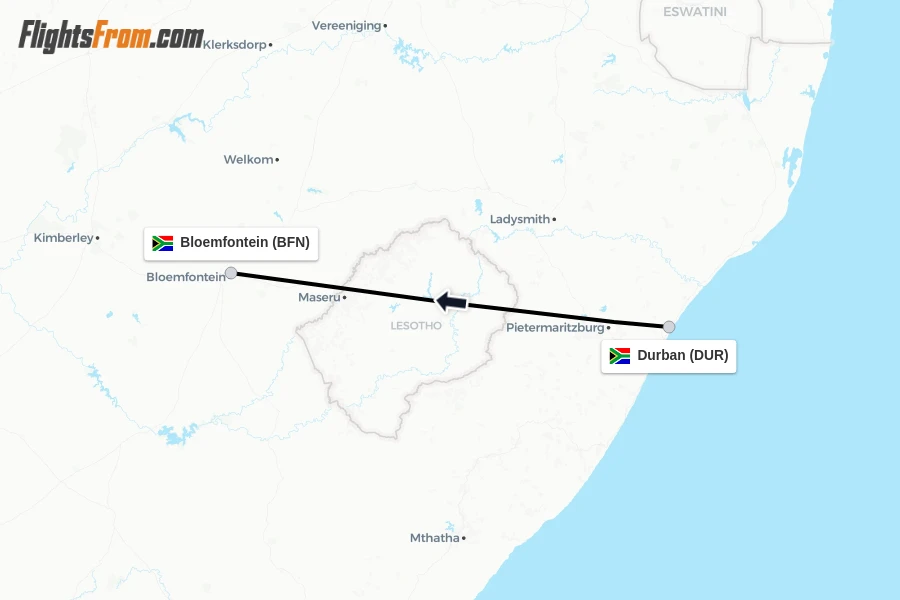 Flights from Durban to Bloemfontein route map