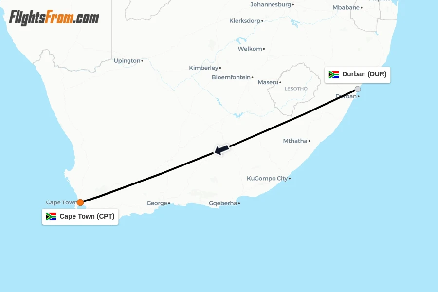 Flights from Durban to Cape Town route map