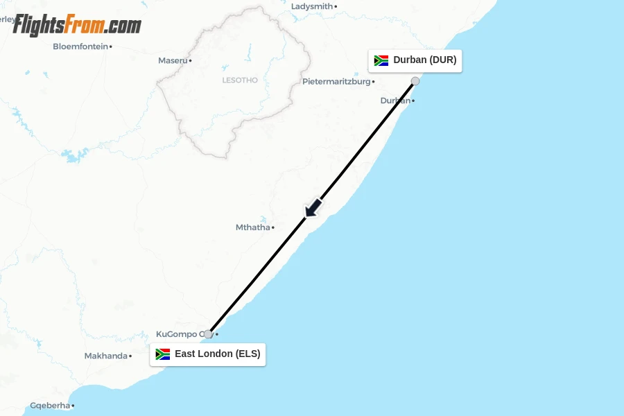 Flights from Durban to East London route map