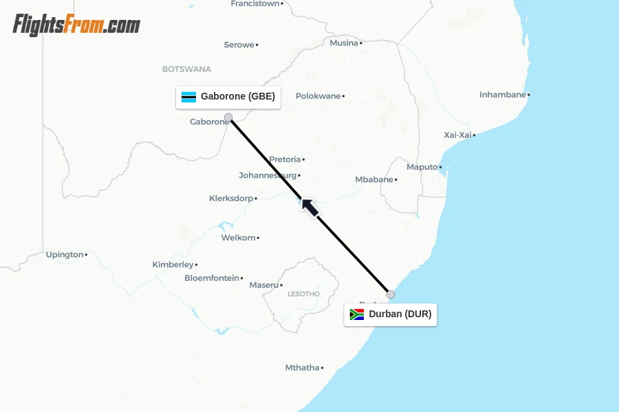 Flights from Durban to Gaborone route map