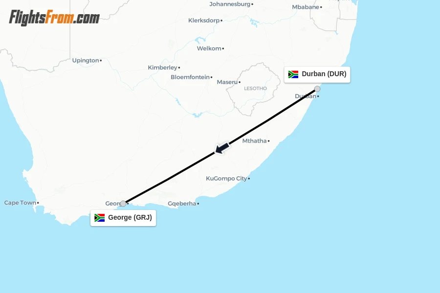 Flights from Durban to George route map