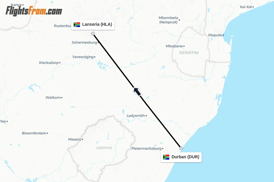 Flights from Durban to Lanseria route map