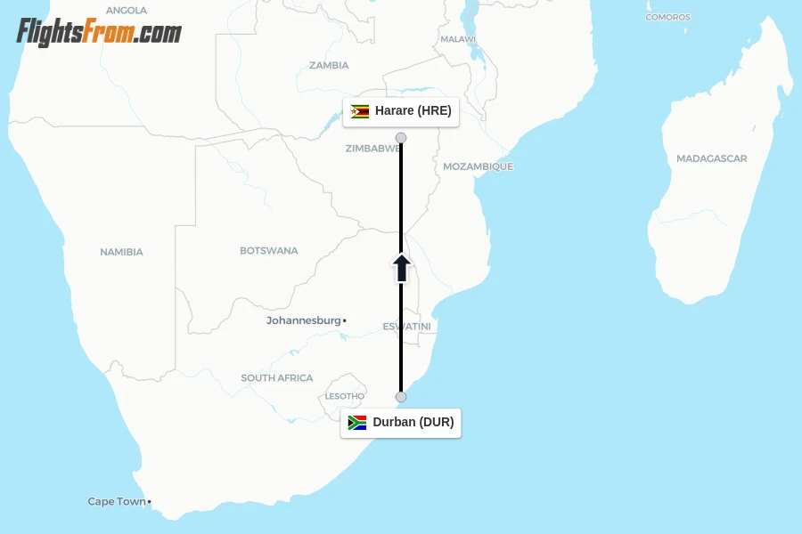 Flights from Durban to Harare route map