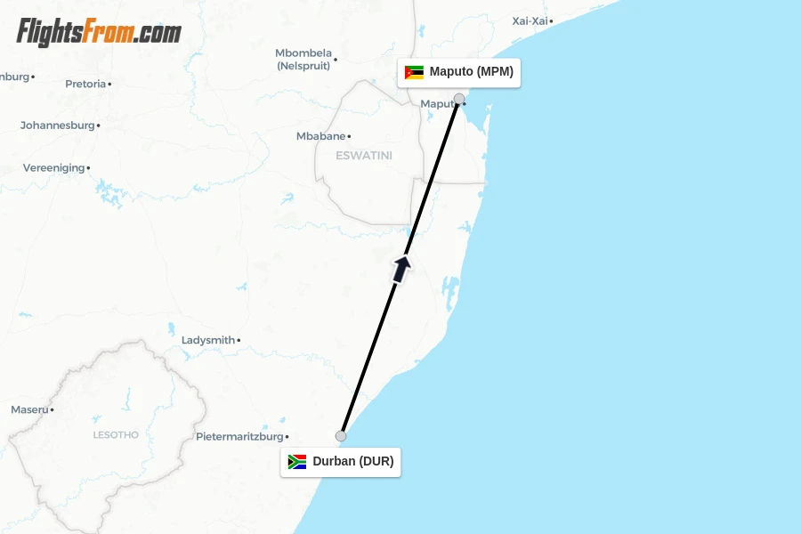 Flights from Durban to Maputo route map