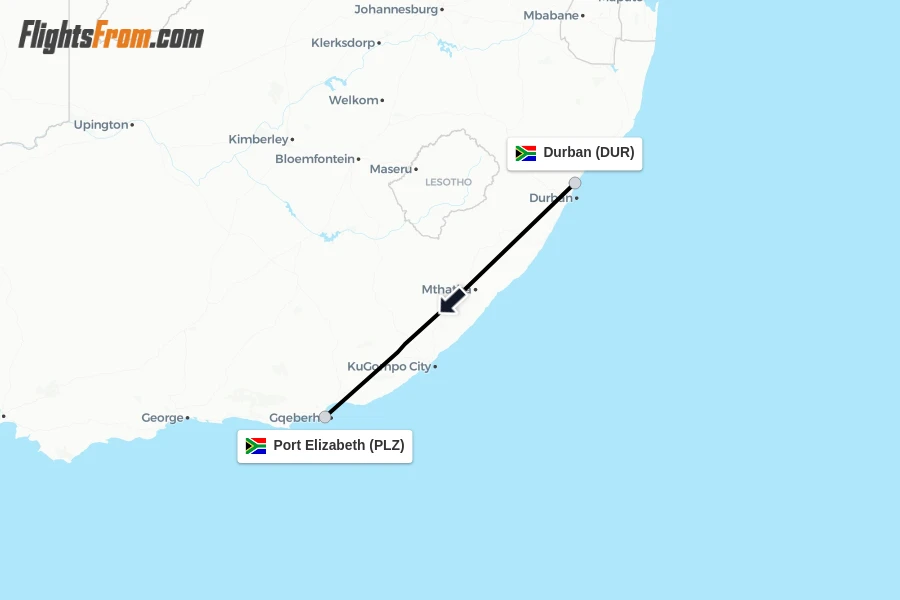 Flights from Durban to Port Elizabeth route map