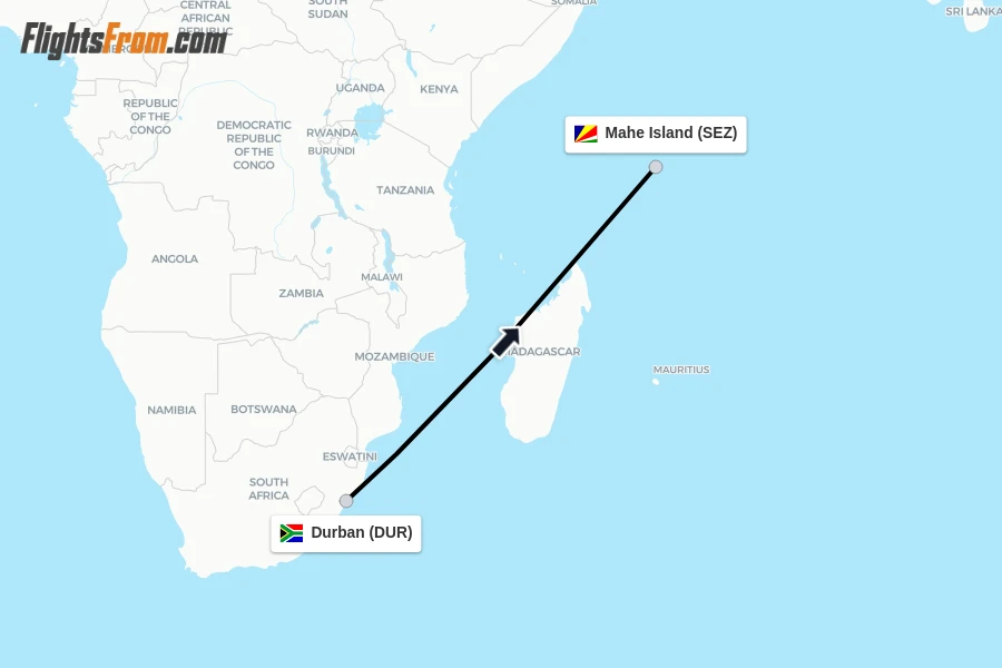 Flights from Durban to Mahe Island route map