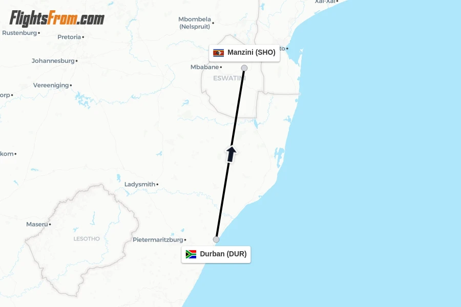 Flights from Durban to Manzini route map