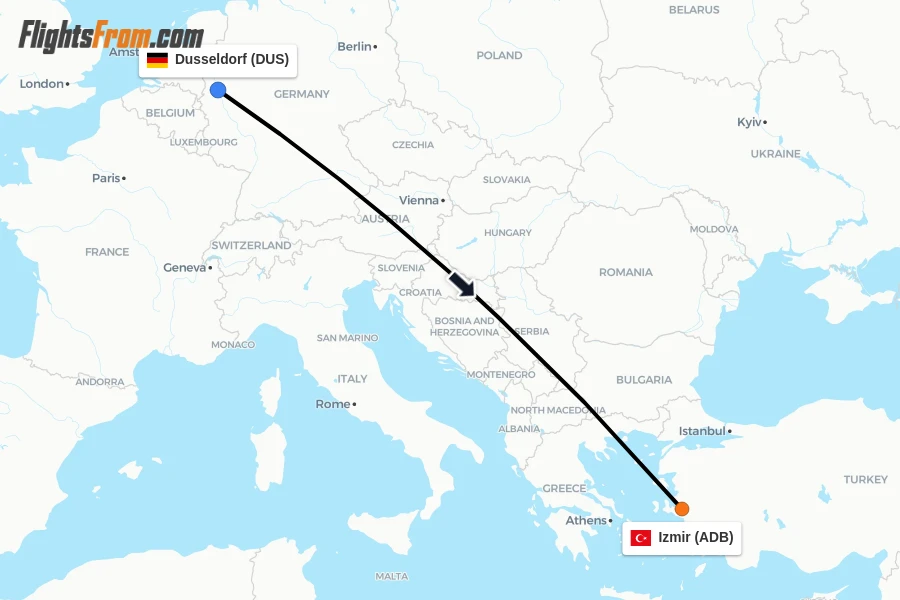 Flights from Dusseldorf to Izmir route map