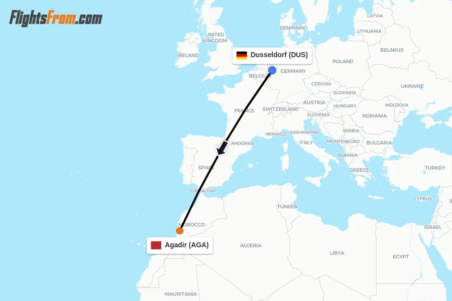 Flights from Dusseldorf to Agadir route map