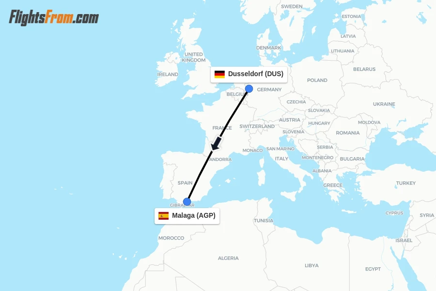 Flights from Dusseldorf to Malaga route map