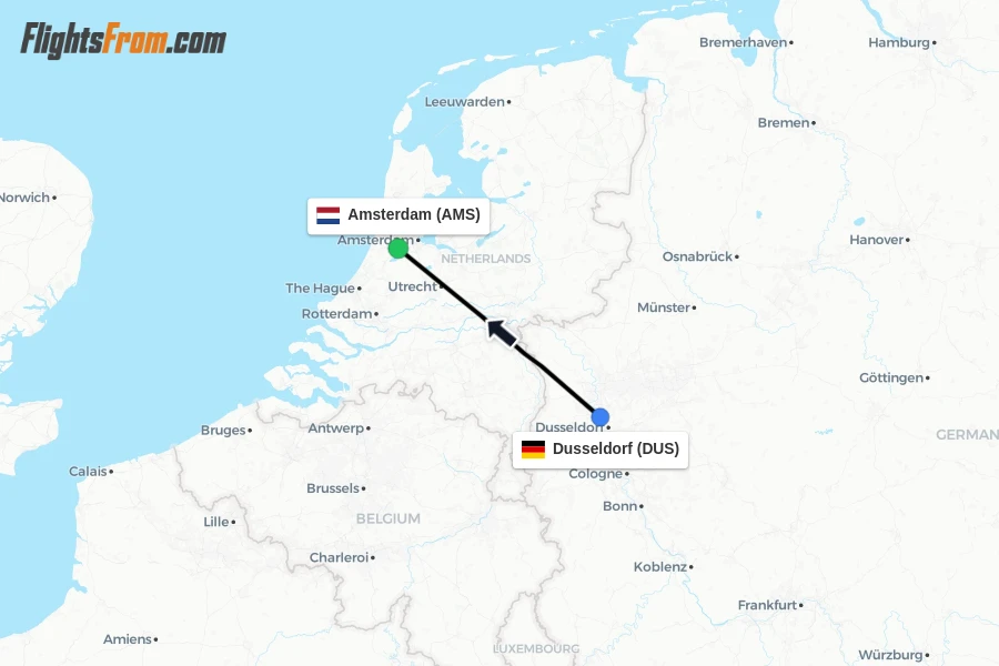 Flights from Dusseldorf to Amsterdam route map