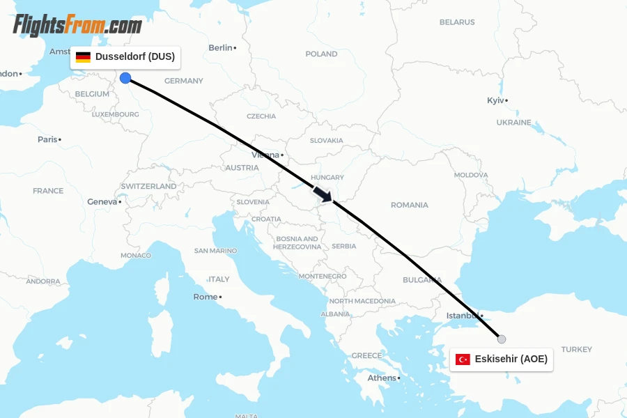 Flights from Dusseldorf to Eskisehir route map