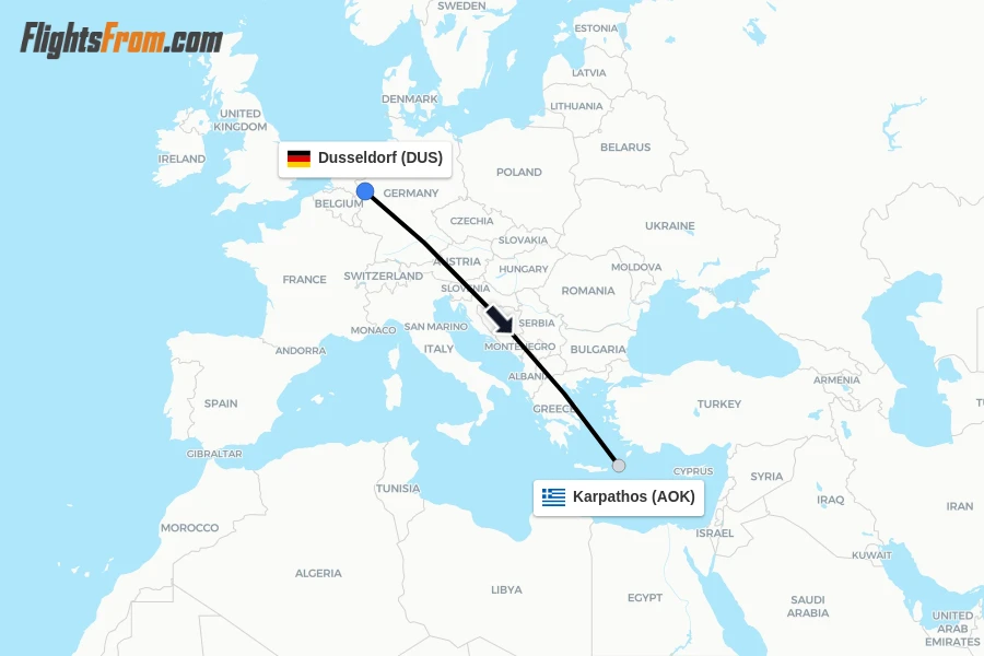 Flights from Dusseldorf to Karpathos route map