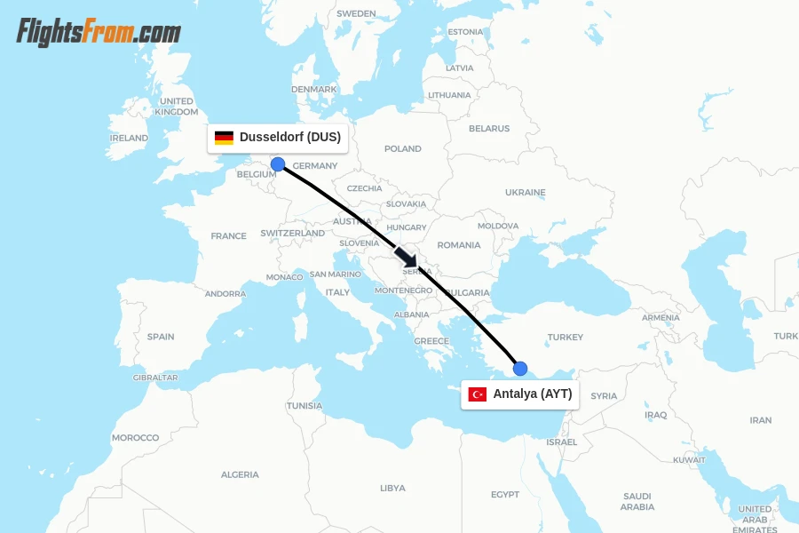 Flights from Dusseldorf to Antalya route map