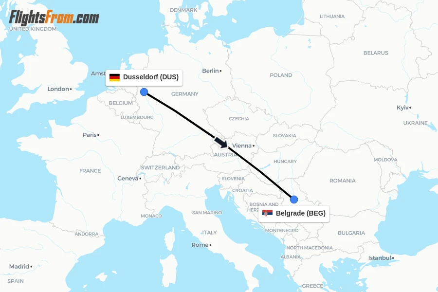 Flights from Dusseldorf to Belgrade route map