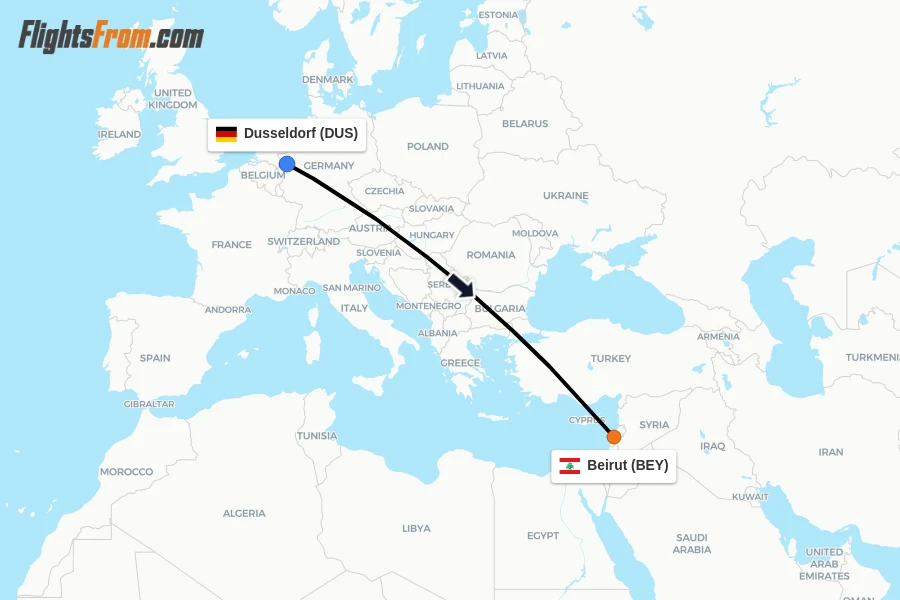 Flights from Dusseldorf to Beirut route map