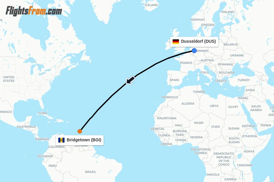 Flights from Dusseldorf to Bridgetown route map