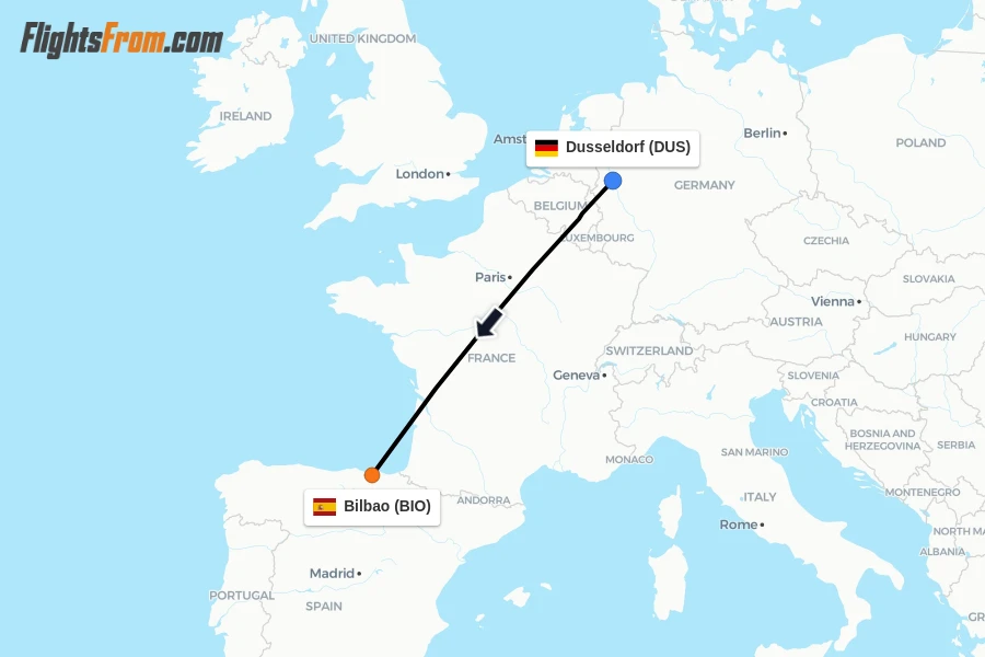 Flights from Dusseldorf to Bilbao route map
