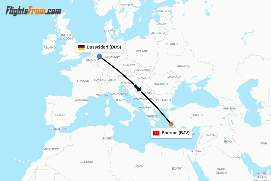 Flights from Dusseldorf to Bodrum route map