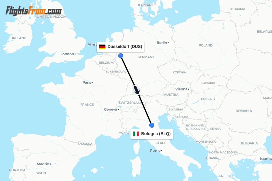 Flights from Dusseldorf to Bologna route map