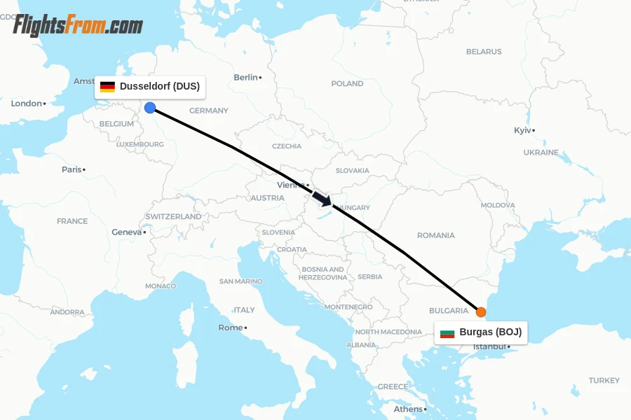 Flights from Dusseldorf to Burgas route map