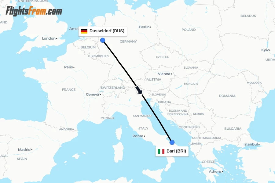 Flights from Dusseldorf to Bari route map