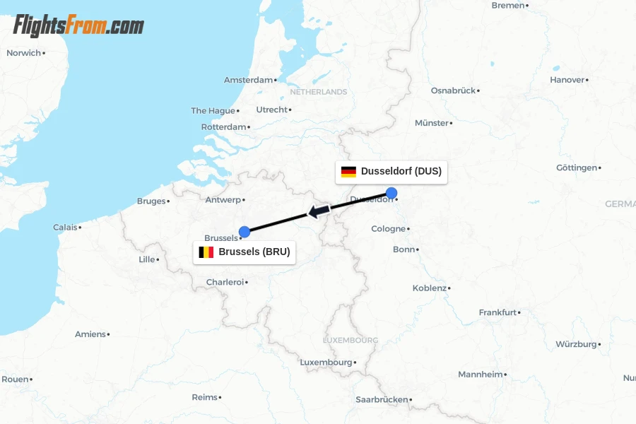 Flights from Dusseldorf to Brussels route map