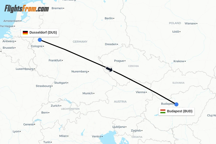 Flights from Dusseldorf to Budapest route map