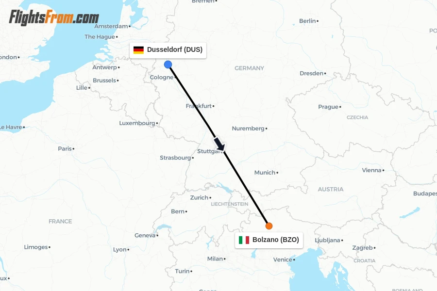 Flights from Dusseldorf to Bolzano route map