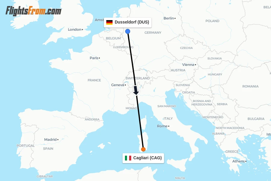 Flights from Dusseldorf to Cagliari route map