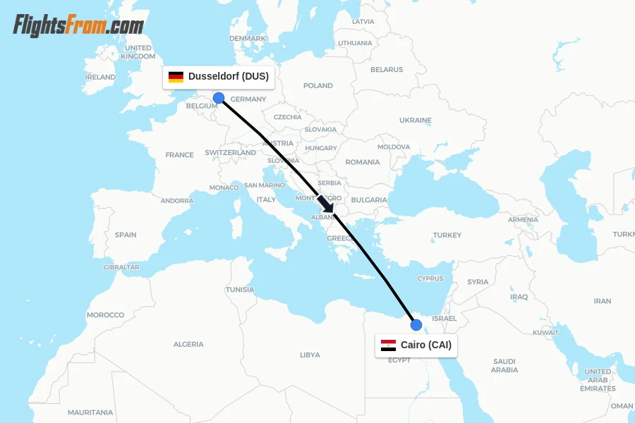 Flights from Dusseldorf to Cairo route map