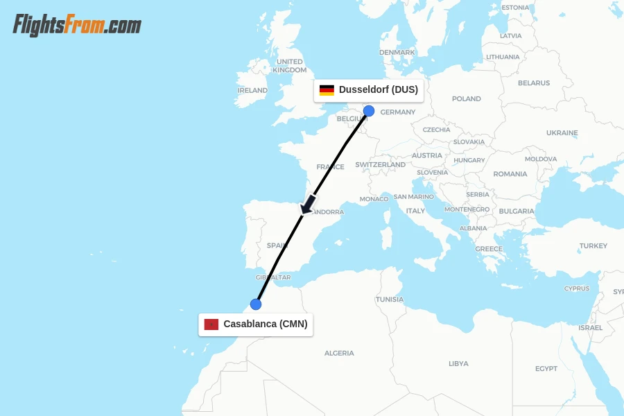 Flights from Dusseldorf to Casablanca route map