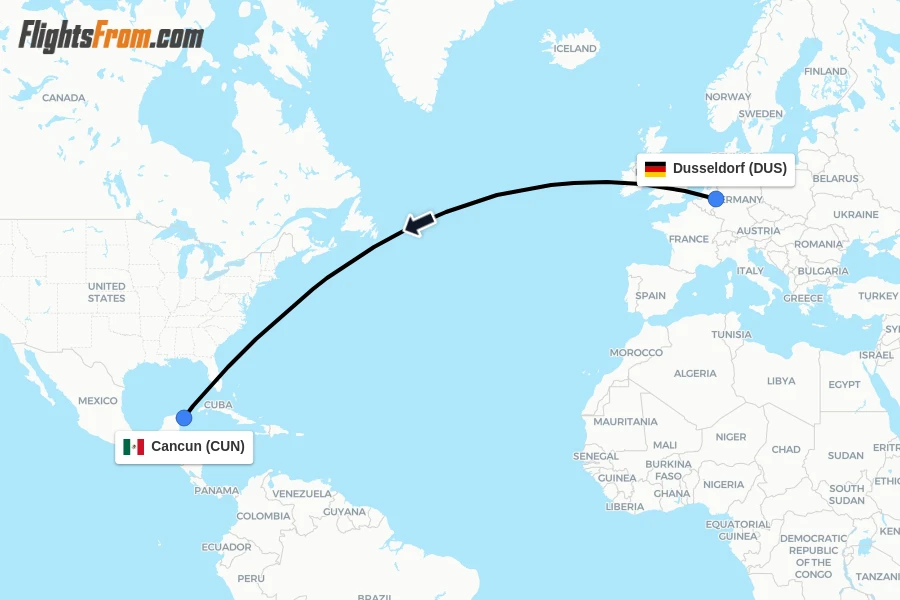 Flights from Dusseldorf to Cancun route map