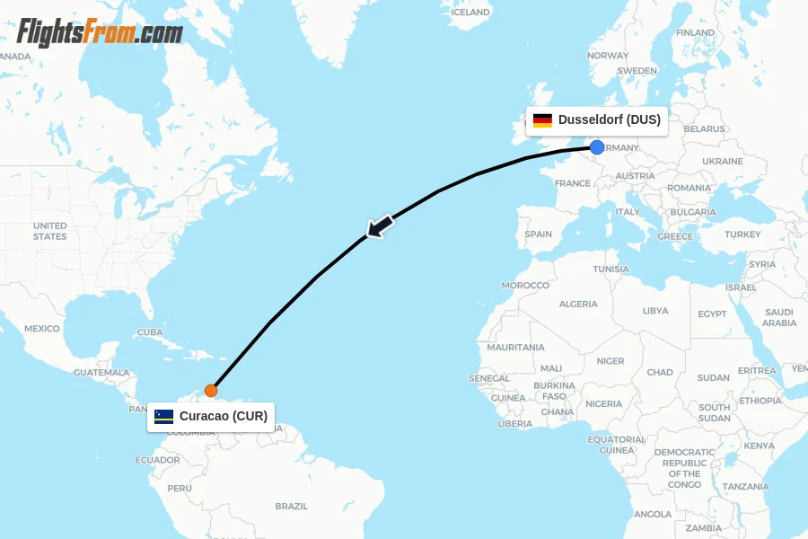 Flights from Dusseldorf to Curacao route map